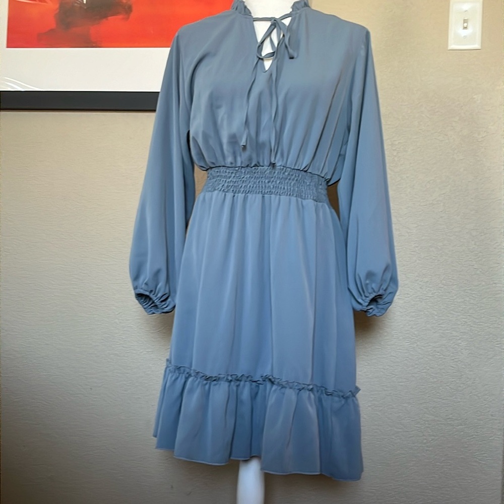 Dusty Blue Solid Shirred Waist Ruffle Dress